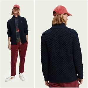 Scotch & Soda Zip-Through Lattice Stitch Cardigan Sweater Jacket Blue Medium